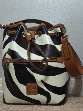 Dooney & Bourke Ivory, Brown and Tan Zebra-Print Drawstring Bucket Bag